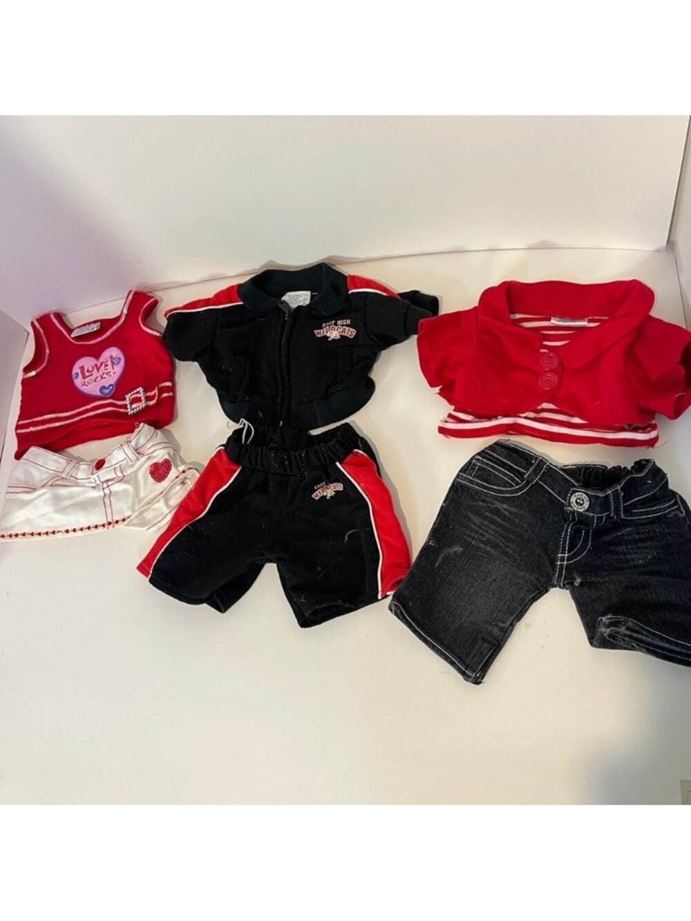 Build A Bear Workshop BABW Lot East High Wildcats Jacket Pants Red Jeans Skirt